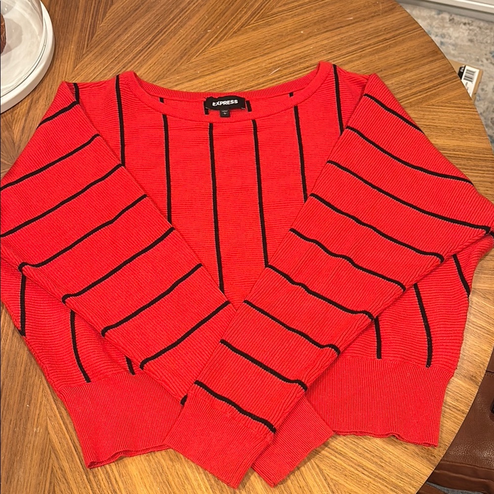 Express Red and Black Crew Neck Sweater with Chevron Design